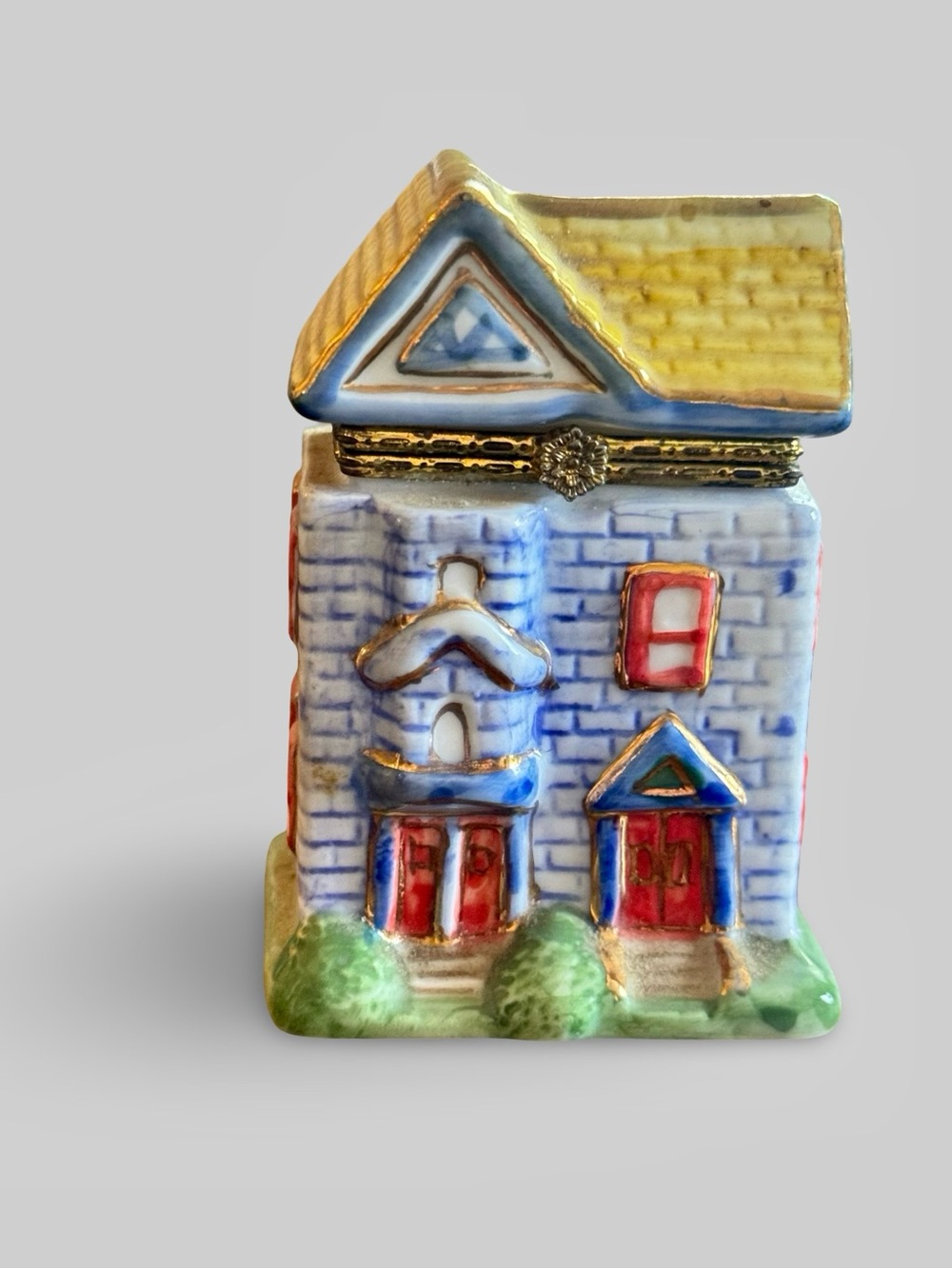 Vintage Porcelain House Trinket gold metal Hinged Box hand painted